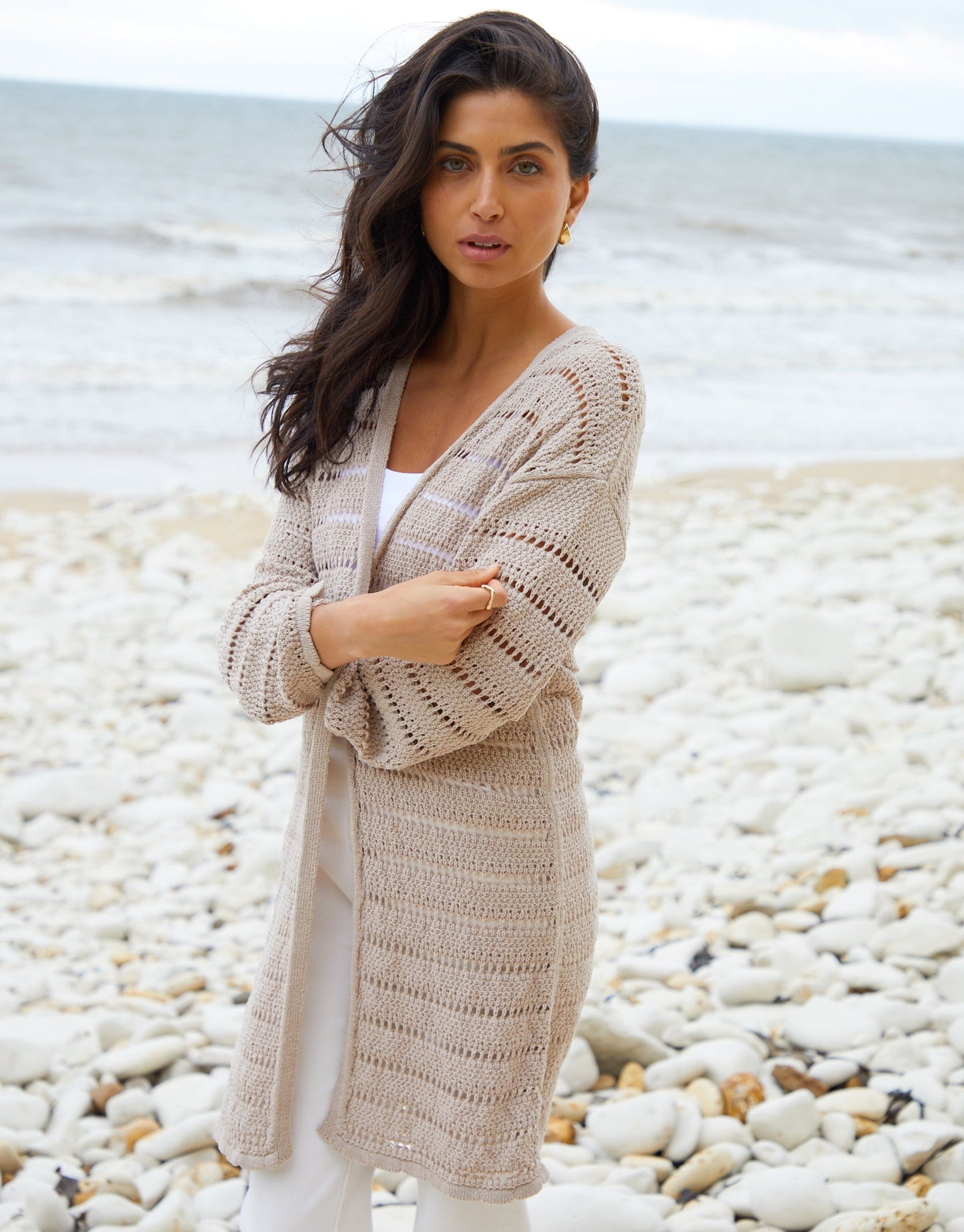 Women's Stone Longline Crochet Cardigan